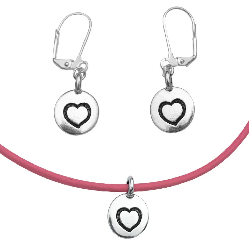 DragonWeave Heart Circle Charm Necklace and Earring Set, Silver Plated Pink Leather Choker and Leverback Earrings