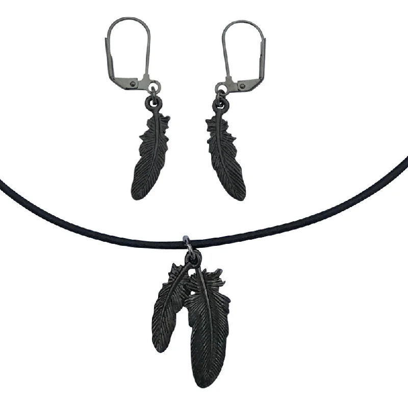 DragonWeave Raven Feather Charm Necklace and Earring Set, Gunmetal Black Leather Choker and Leverback Earrings