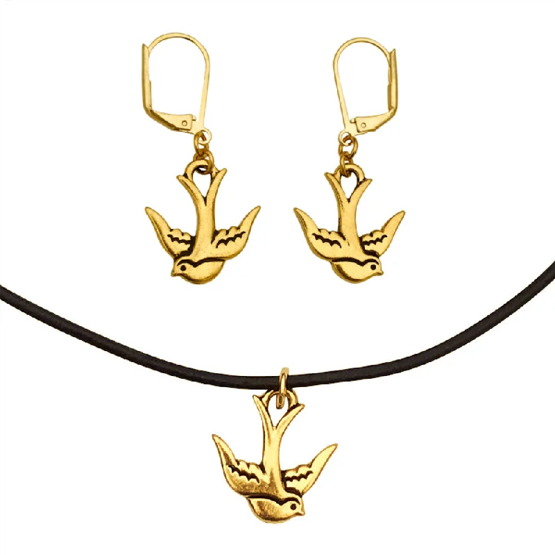 DragonWeave Swallow Bird Charm Necklace and Earring Set, Gold Plated Black Leather Choker and Leverback Earrings