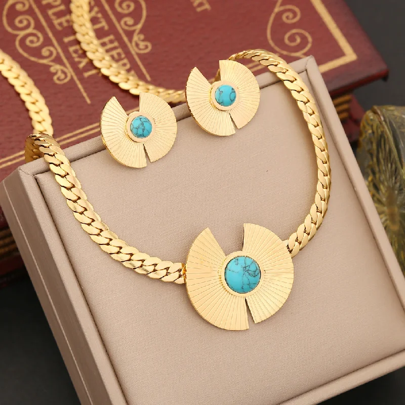 Exaggerated Commute Sector Stainless Steel Inlay Turquoise Rings Earrings Necklace