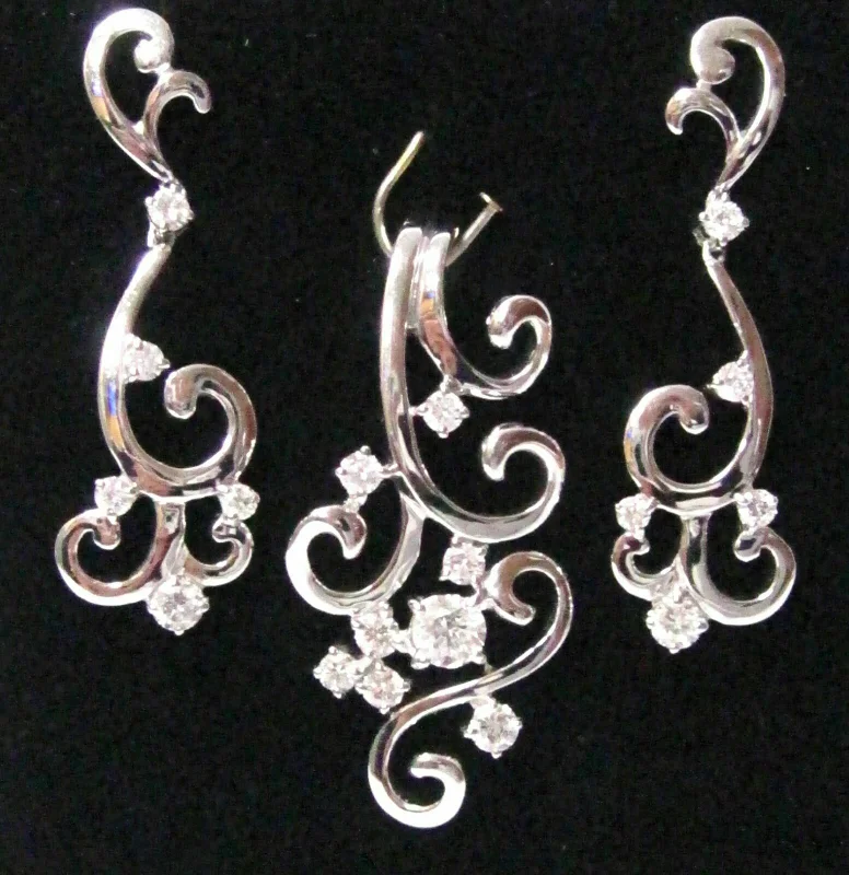 Fine Art Deco-Style Earrings & Necklace Set G VS1 Push Back 14k White Gold