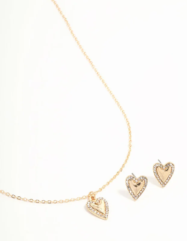 Gold Diamante Heart Edge Necklace & Stud Earrings