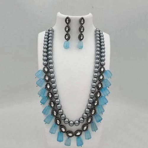 Grey Pearls Long Beaded Necklace And Earring Set