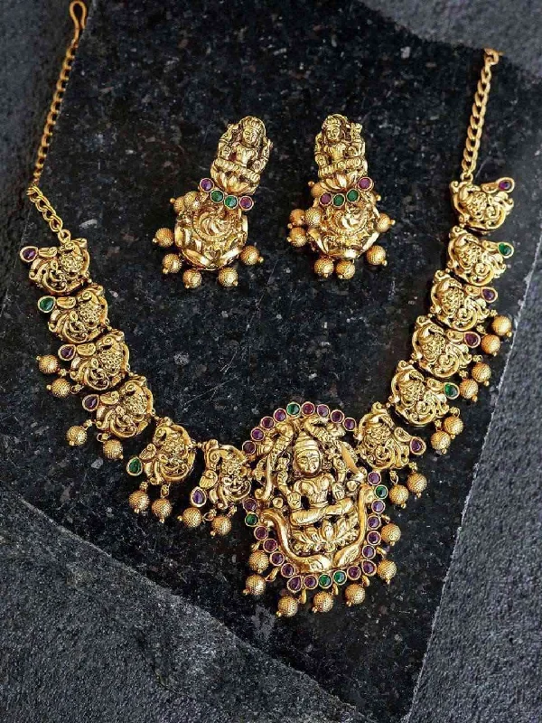 Intricate Antique Lakshmi Temple Necklace With Earrings