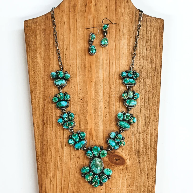 Marie Tsosie | Navajo Handmade Sterling Silver & Sonoran Rose Turquoise Cluster Statement Necklace + Matching Earrings