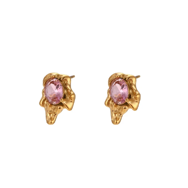 Volcanic Oval Zircon Stud Earrings-Gold-Pink diamond