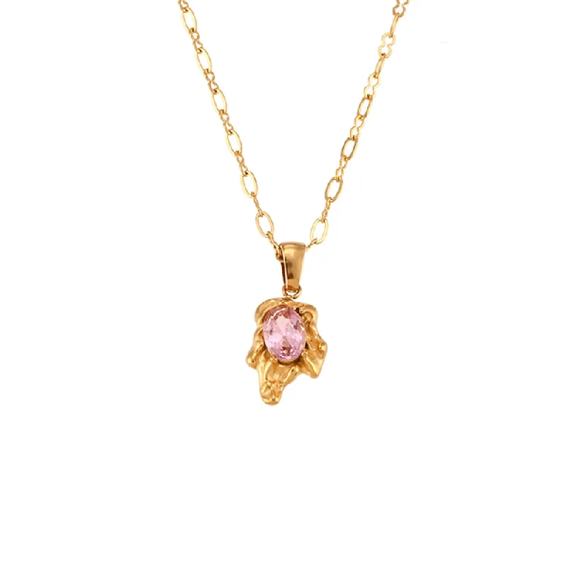 Volcanic Rock Oval Zircon Pendant Necklace-Gold-Pink diamond