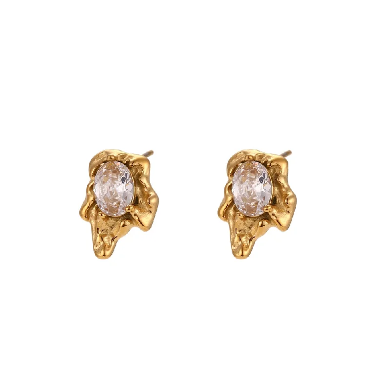 Volcanic Oval Zircon Stud Earrings-Gold-White diamond