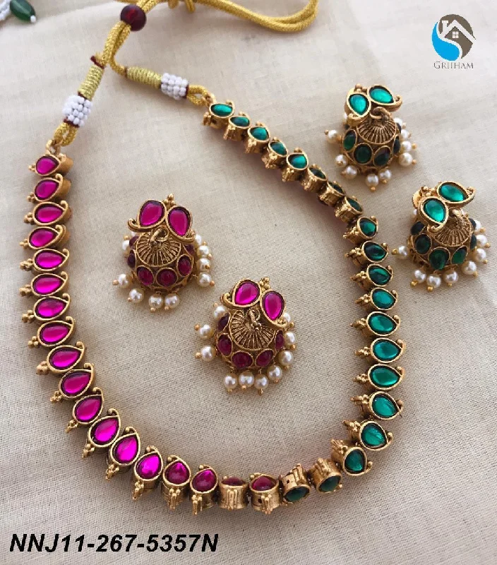 Premium Gold Finish Reversible Necklace Set with Pink / Green colour stones with two pairs of earrings