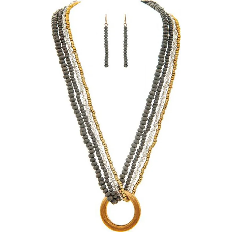 Rain : Gold Ring Grey Bead Layered Necklace Set