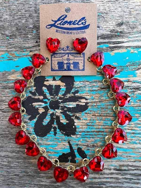 Red Heart on Gold Necklace w/ Earrings