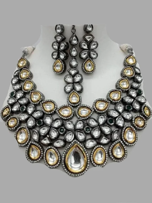 Rodium Gold Ad Kundan Necklace Teeka And Earring Set