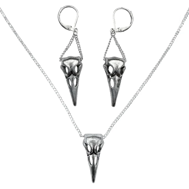 Silver Raven Skull Charm Necklace Chain and Earring Set