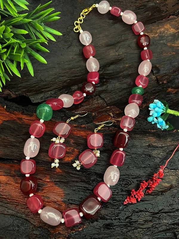 Square Natural African Jade Stone Mala Necklace with earrings