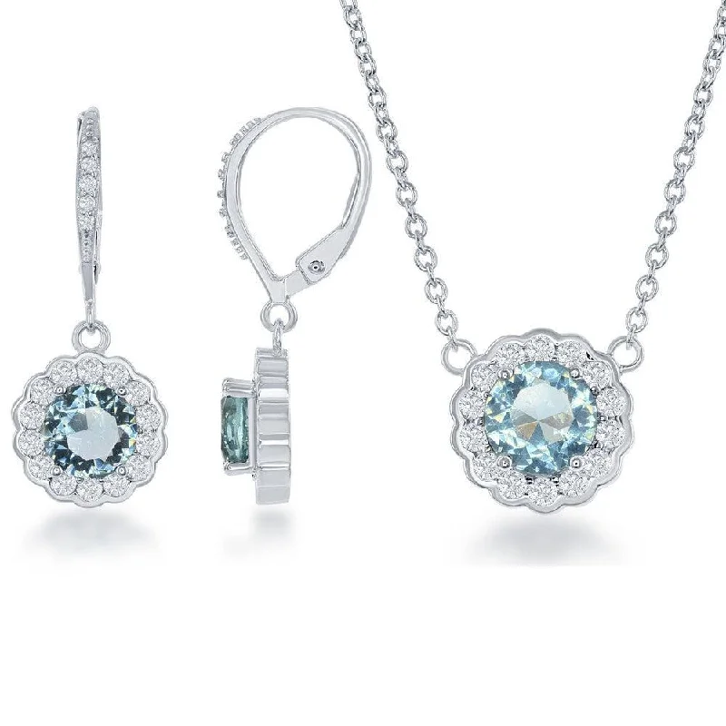 Sterling Silver 16+2 Inch December Birthstone With  CZ Border Round Earrings and Necklace Set