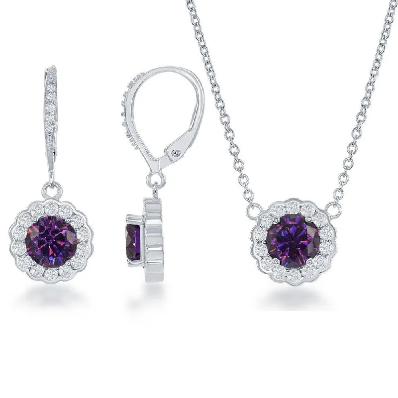 Sterling Silver February Birthstone With  CZ Border Round Earrings and Necklace Set