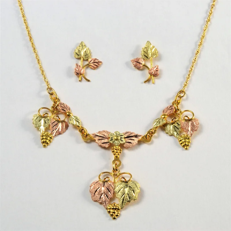 Two Tone Gold Leaf Necklace & Earrings Suite | 16" |