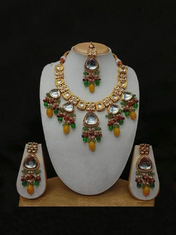 Triangular Hanging Kundan Necklace Earring And Teeka Set