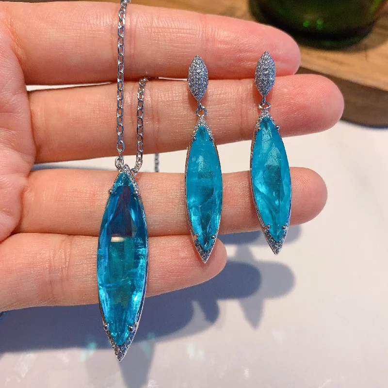 Wholesale Blue Simulated Paraiba Earrings Necklace Jewelry Set