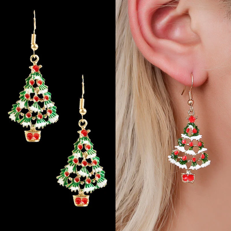 Wholesale Christmas Colorful Cartoon Cute Oil Dropping Christmas Tree Earrings Necklace Set