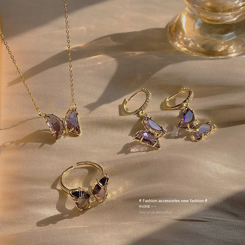 Wholesale Light Luxury Purple Butterfly Clavicle Necklaces Rings And Earrings