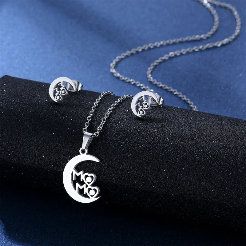 Wholesale Mother's Day Moon Stainless Steel Earrings Necklace Jewelry Set