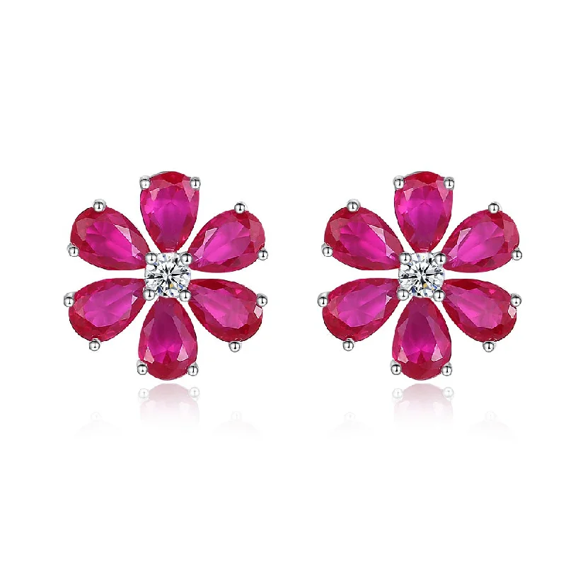 Six-Flower Rose Red Ear Studs