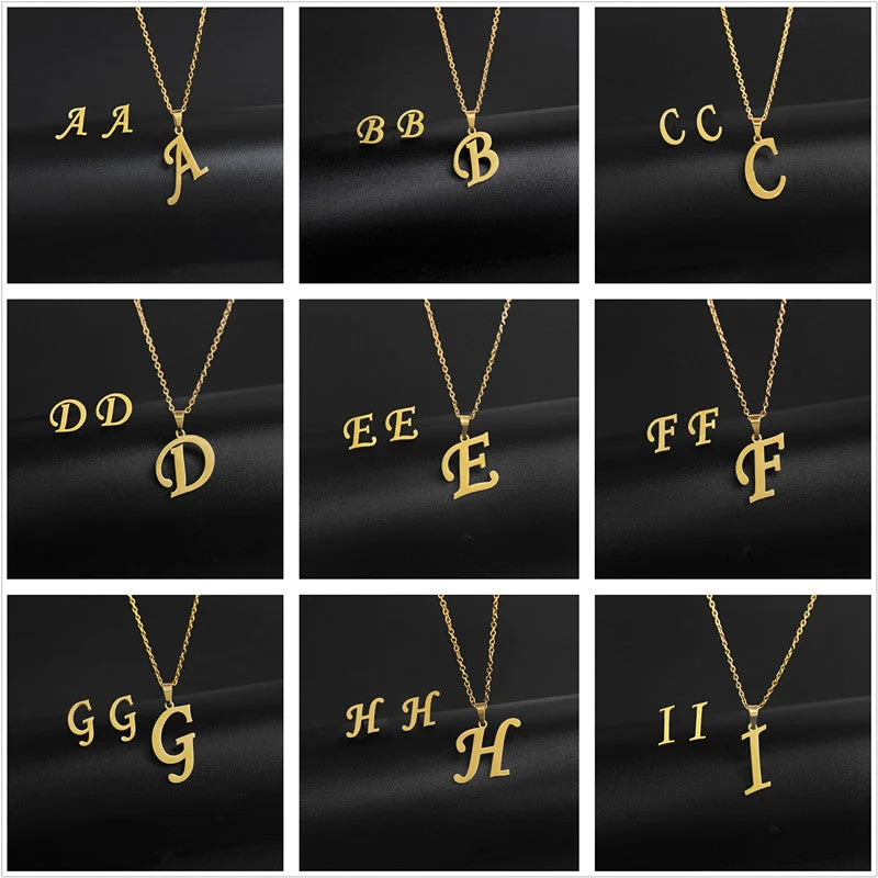 Wholesale Stainless Steel 26 Letter Necklace Earrings Two Piece Set