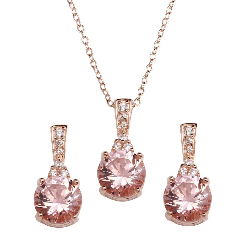 Rose Gold Plated 925 Sterling Silver Pink CZ Necklace and Earrings - STS00517RGP