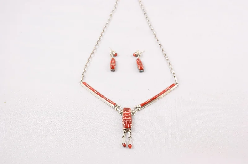 Zuni Channel Inlay Red Coral Necklace & Earring Set by Dale Lucio