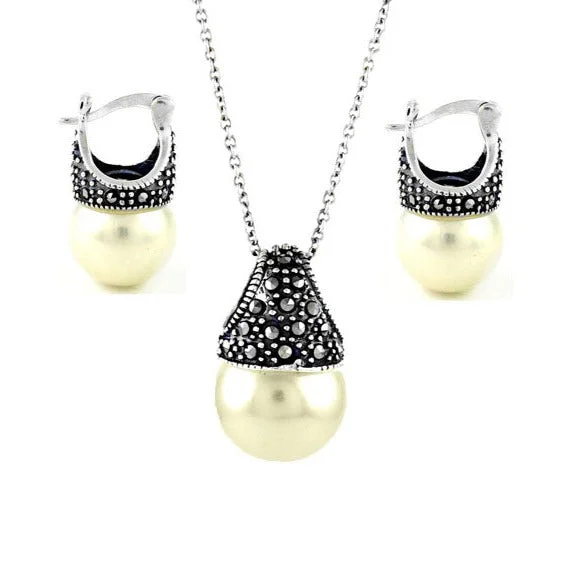 Genuine Marcasite And Pearl Sterling Silver Earring And Necklace Set