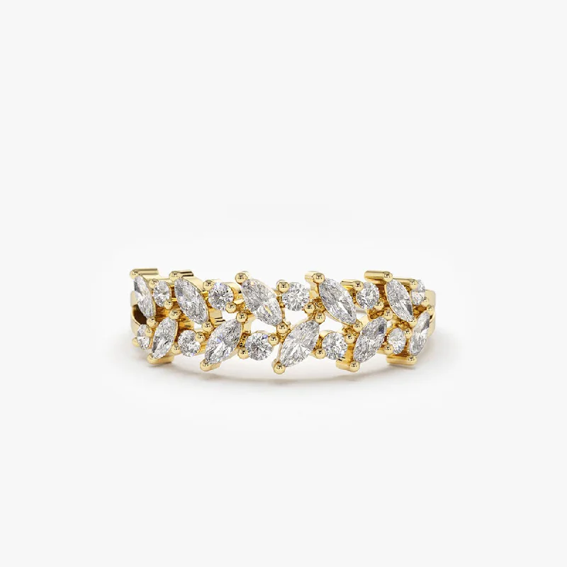 14K Gold Two Row Marquise & Round Diamond Ring