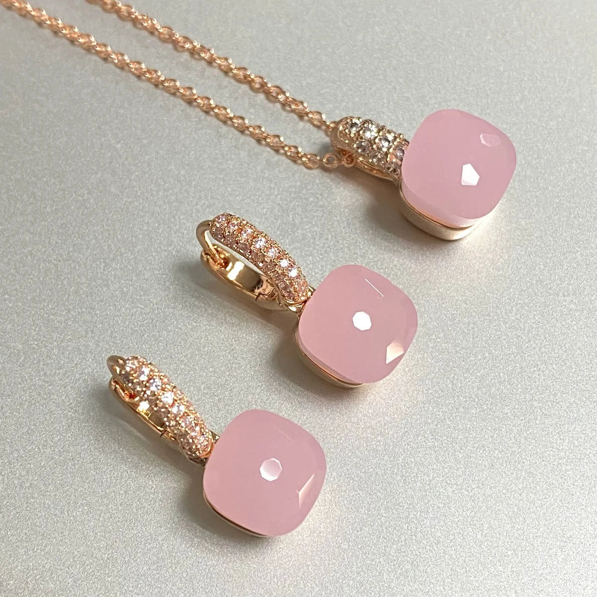 2 Piece Classic Jewelry Set for Women - Rose Gold Plated Necklace and Earrings with Inlay Zircon & Pink Crystal, Available in 30 Colors