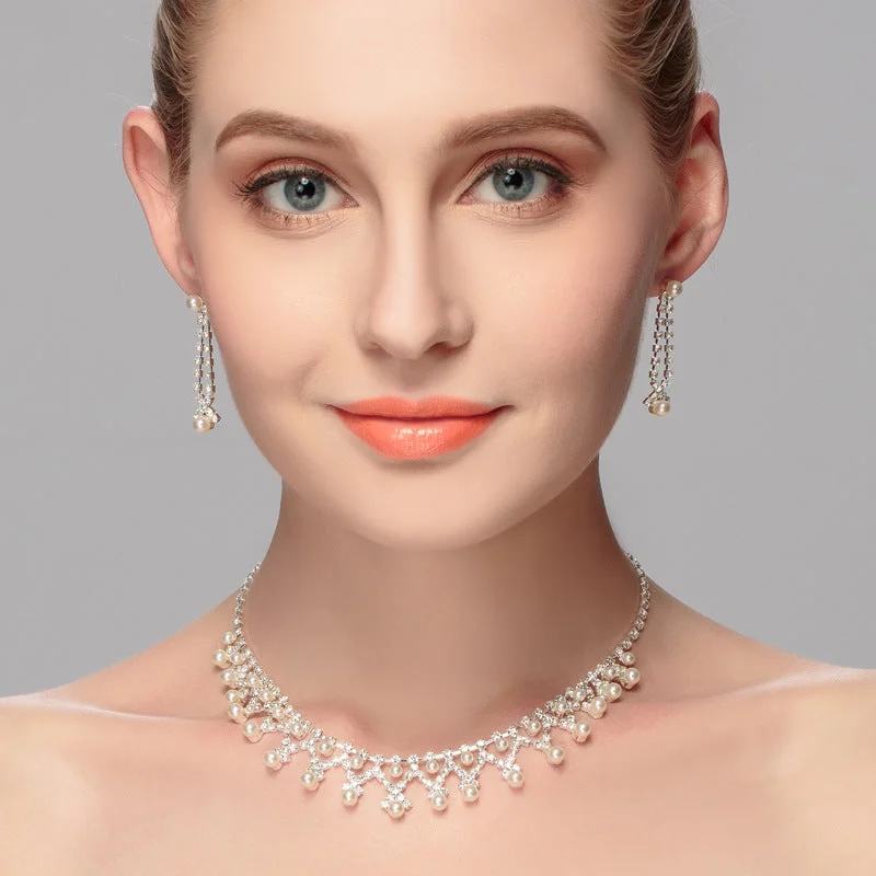 Jewelry Pearl Rhinestone Necklace Earrings 2-Piece Set 527668596787