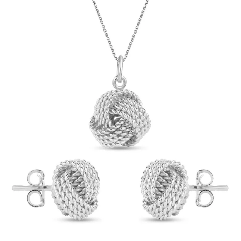 925 Sterling Silver Love Knot Stud Earring and Pendant Necklace Set for Women