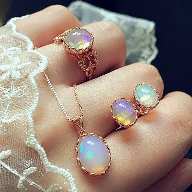 New Fashion Elegant Opal Jewelry Set for Women - Cubic Zirconia Water Drop Necklace Pendant and Earrings, Perfect Bridal Wedding Party Gift