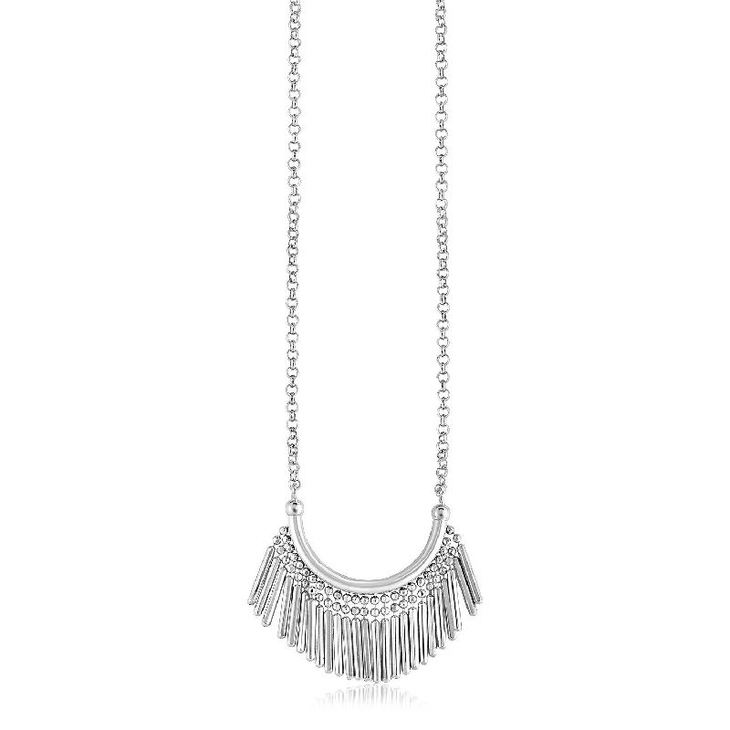 Size: 17'' - Sterling Silver Necklace with Curved Bar and Fringe