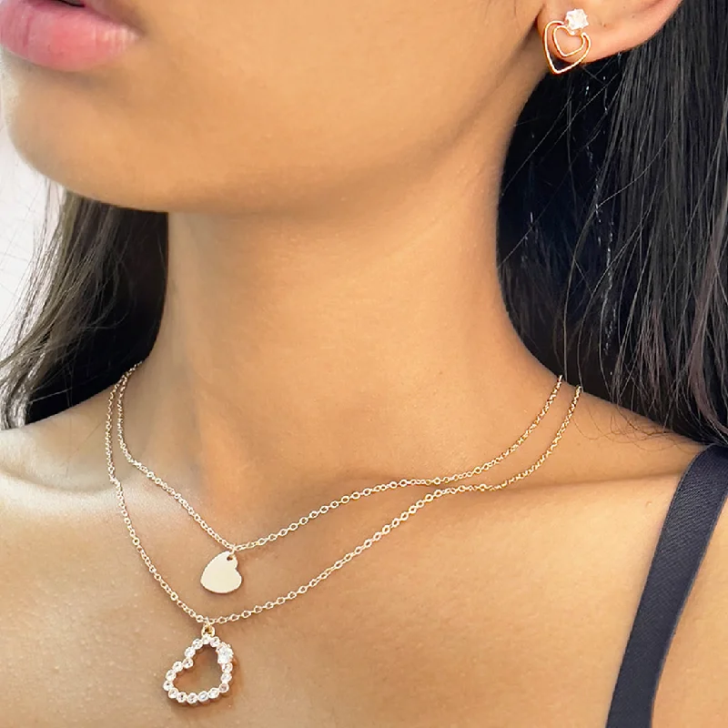 Set Of Two Heart & Diamante Rose Studded Layered Mini Pendant Gold-Toned Necklace & Earrings