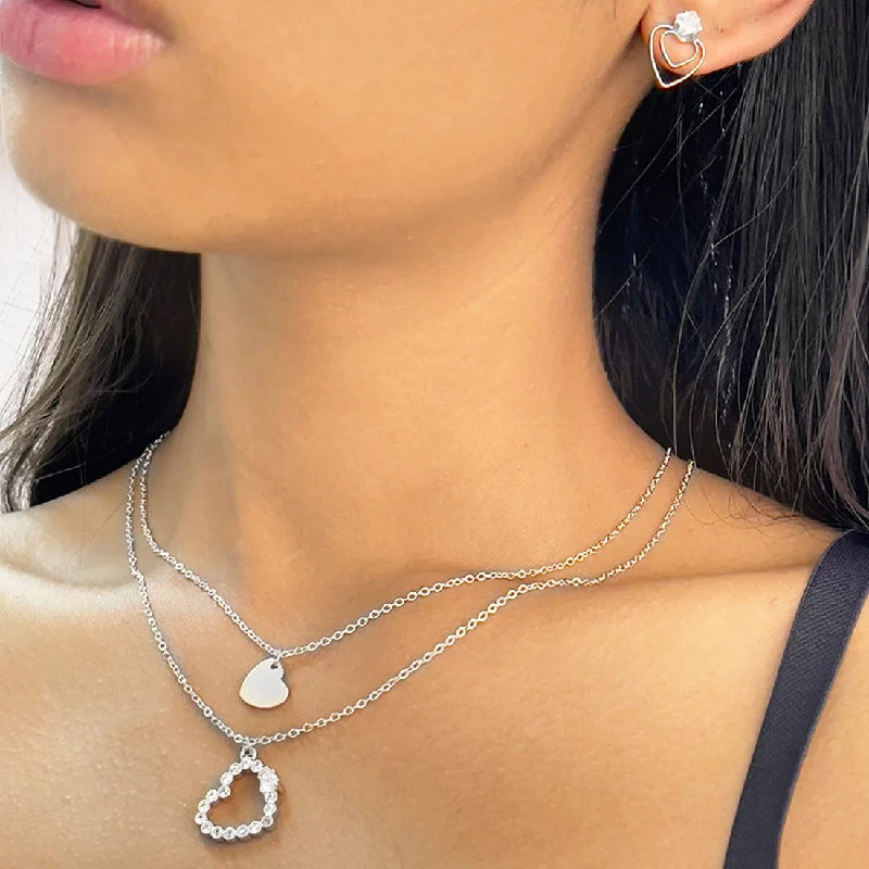 Set Of Two Heart & Diamante Studded Layered Mini Pendant Silver-Toned Necklace & Earrings