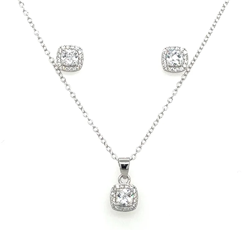 Sterling Silver Cushion Cut Cz Halo Earring And Necklace Set