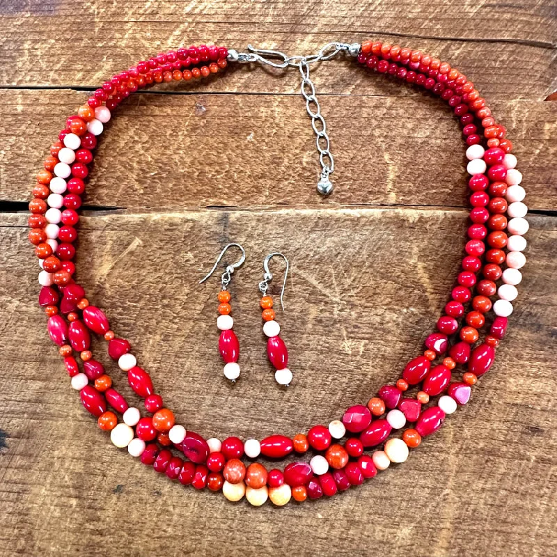 Sterling Silver Multi-colored Triple Strand Coral Necklace & Earrings