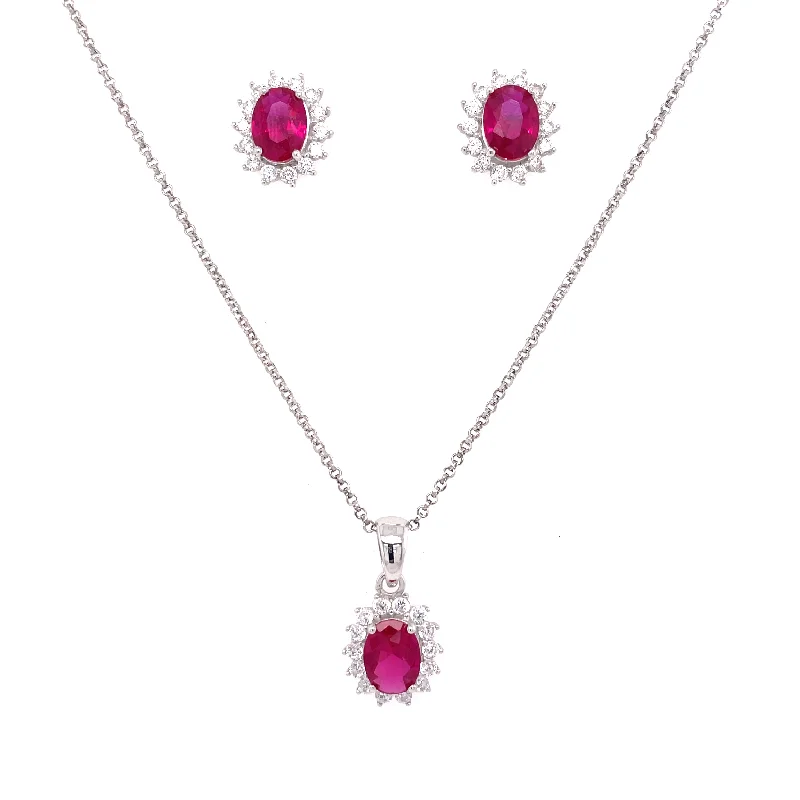 Sterling Silver Ruby Oval Halo CZ Earrings & Necklace Set