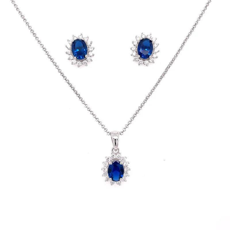 Sterling Silver Oval Sapphire And Cz Halo Earrings & Necklace Set