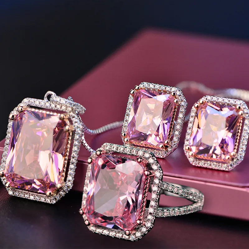 Jewelry Sets Pink Quartz Cubic Zircon Ring Earrings Pendant Necklace Jewelry